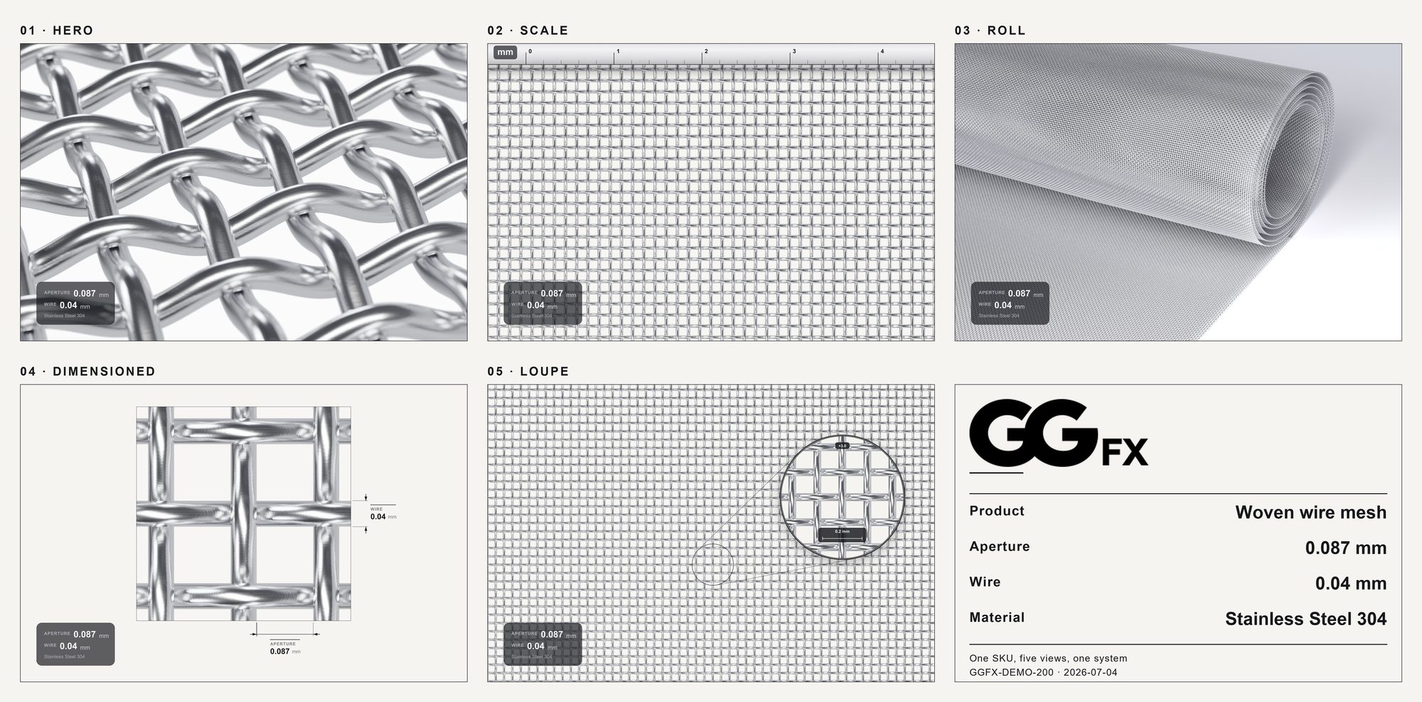 Complete five-image catalogue set for one wire mesh SKU