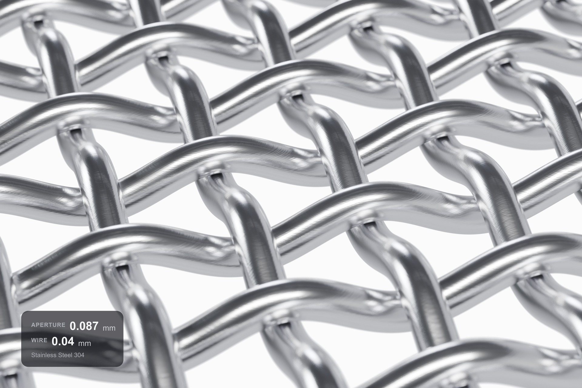 Photoreal woven wire mesh render, 200 mesh stainless steel, spec overlay
